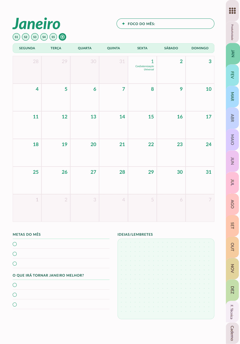 Calendário de janeiro aberto a partir do Índice